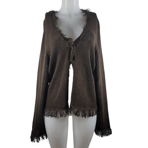 Chico's Brown Fringed Linen Blend Open Knit 1 Button Closure Jacket 3- L- 16